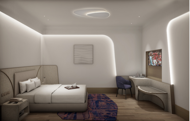 Elegant hospita;ity room interior with ambient lighting and contemporary furnishings.