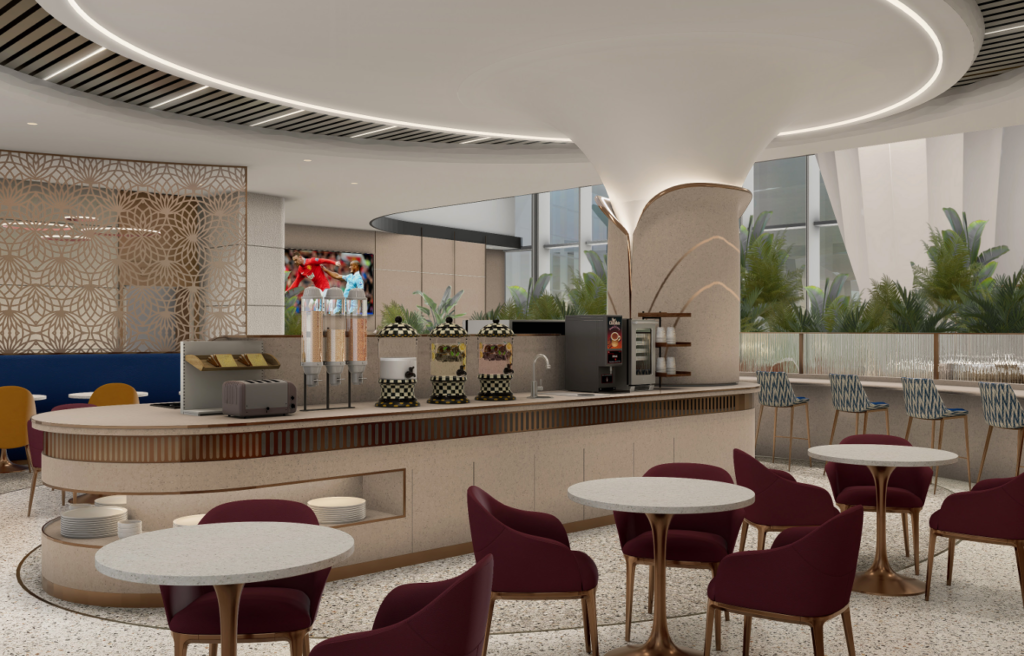 Modern turnkey commercial interior with custom furniture, lighting and finished ceiling design.