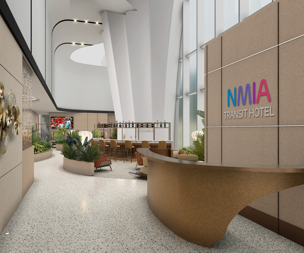 Airport transit lounge and reception interior with contemporary seating and lighting.